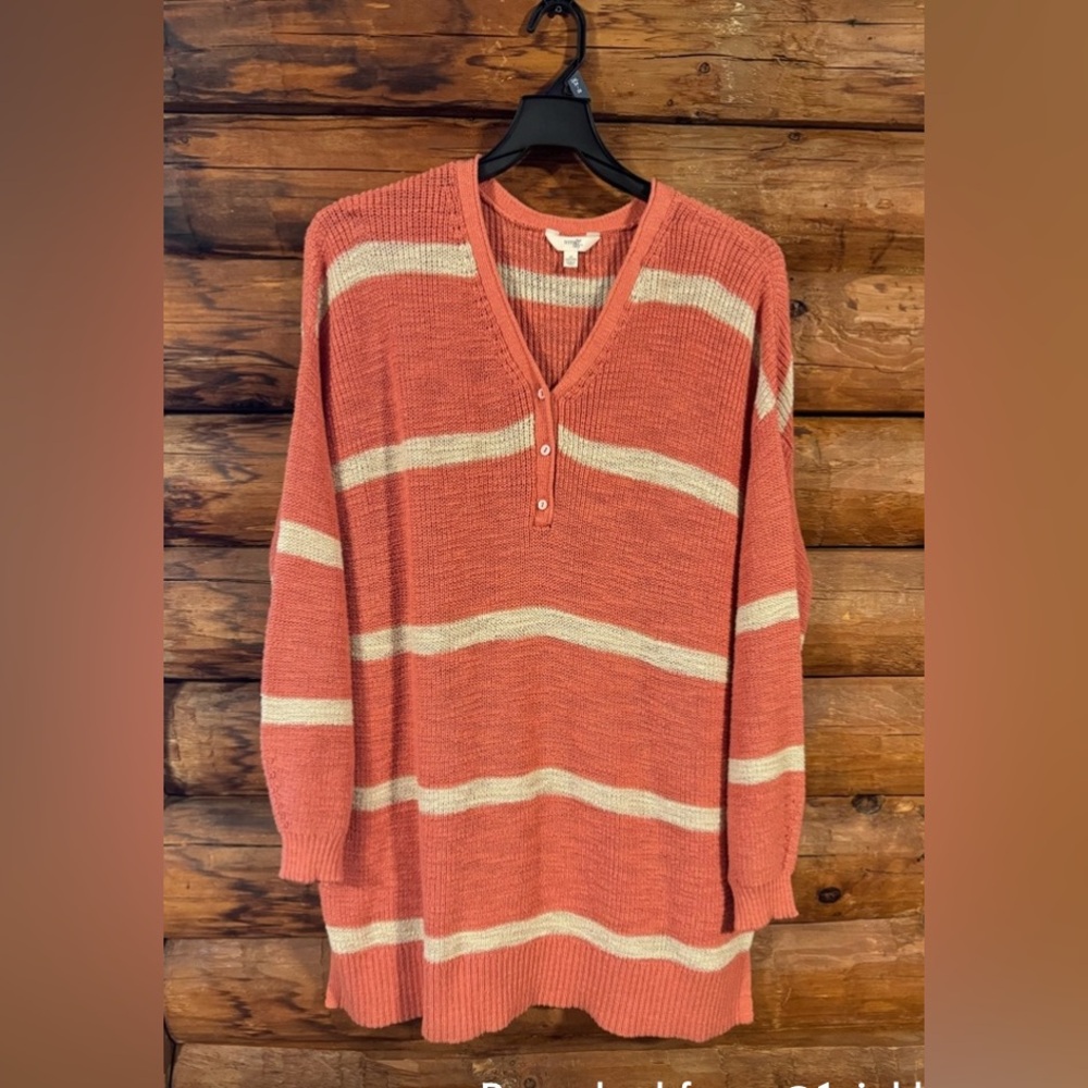 Terra & Sky salmon Cream stripe V-Neck Sweater Tunic or dress